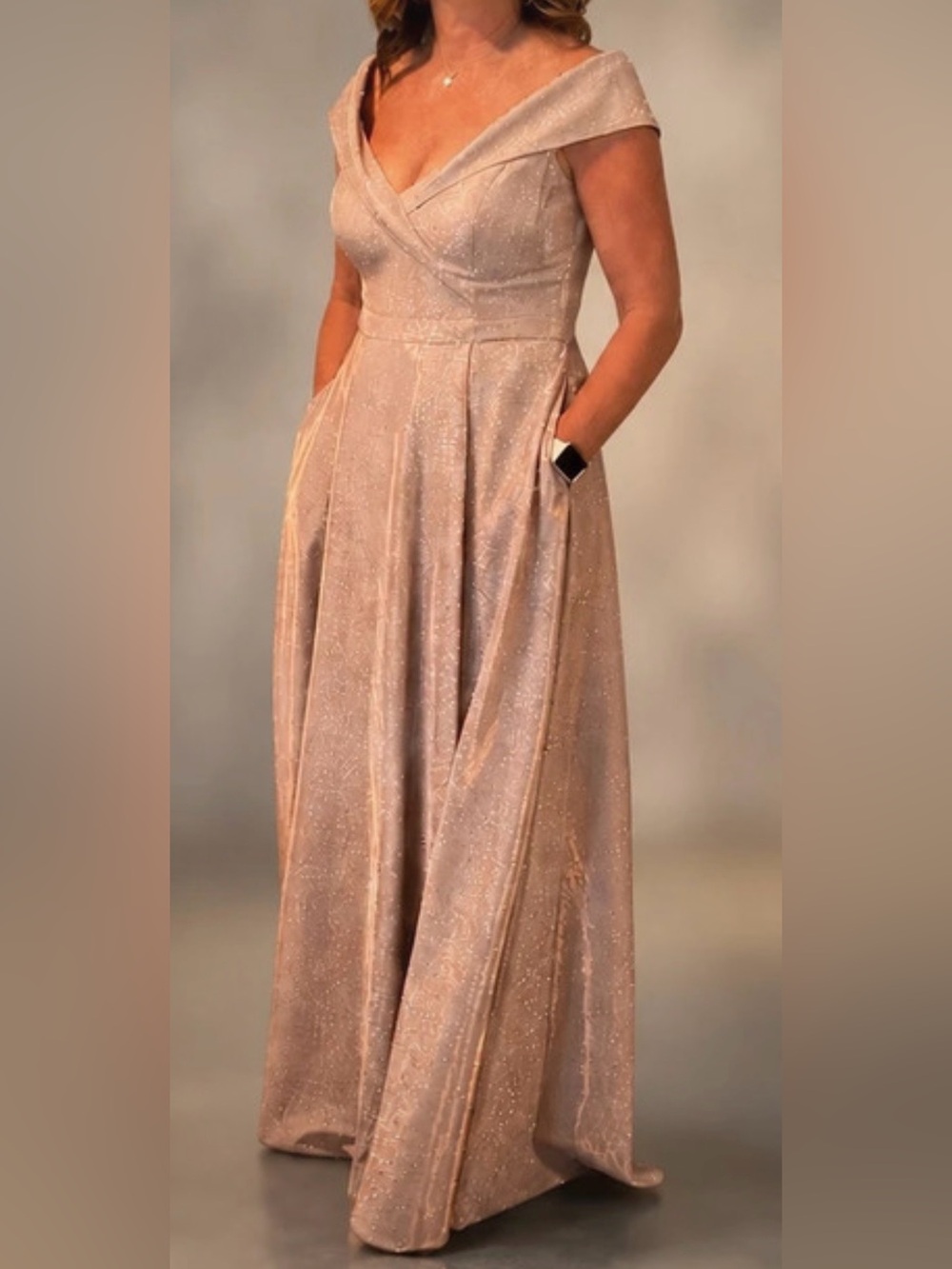 Xscape Champagne Glitter Off-the-Shoulder A-Line Gown